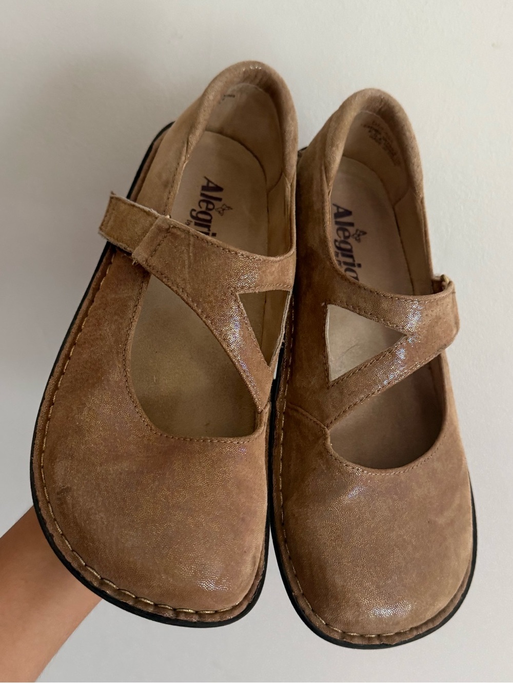 Alegria Mary Jane Comfort Shoes Taupe Metallic Leather Hook & Loop